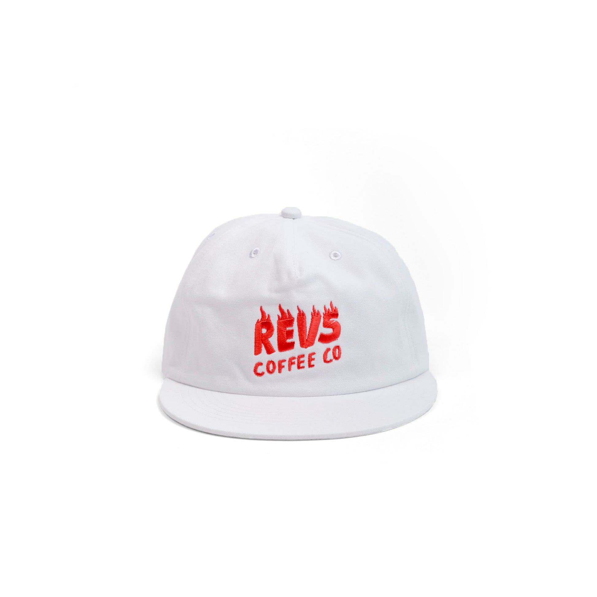 Revs Coffee Co White Snapback Hat Cotton Twill Embroidered Flat Brim Structured 5 Panel