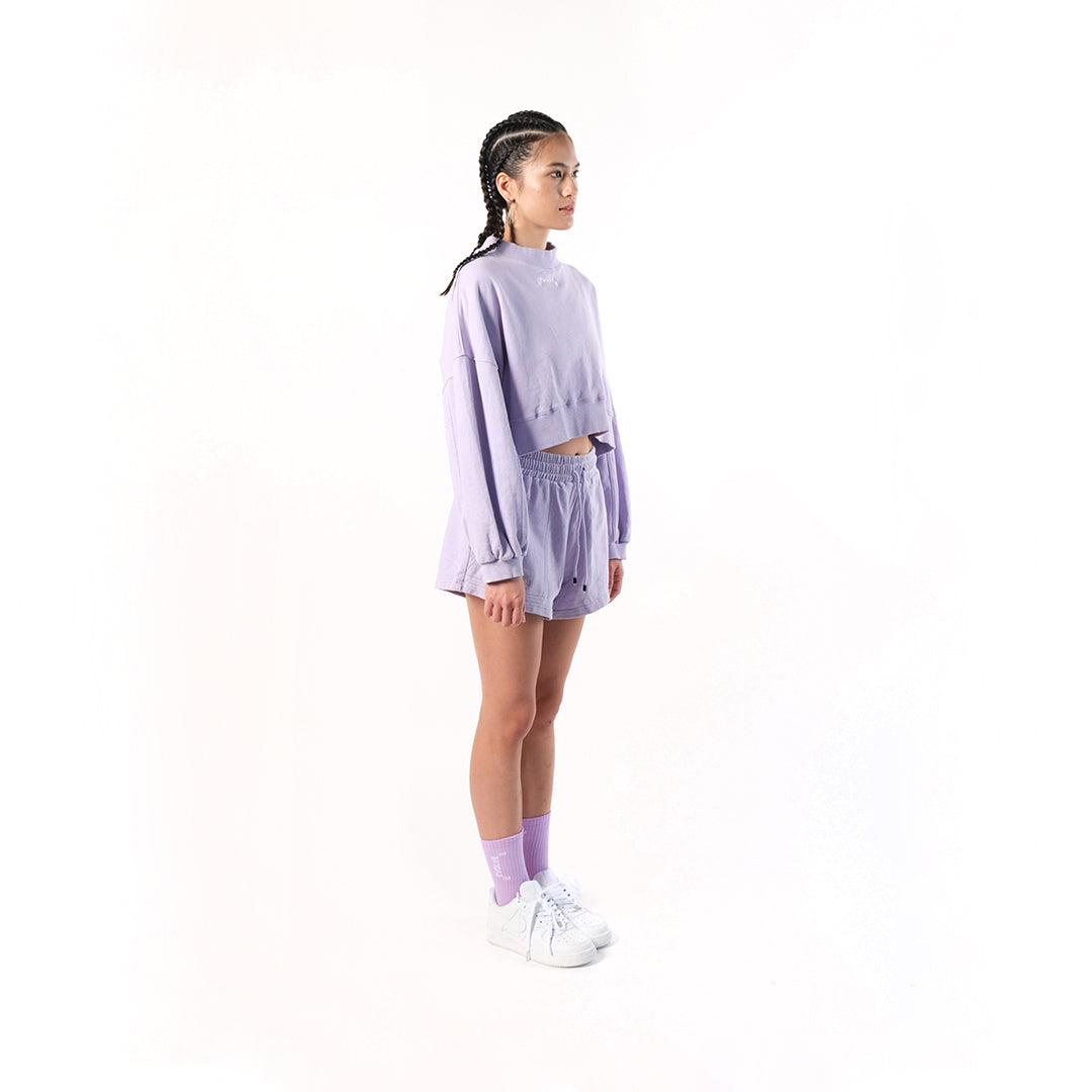 Crop Sweater in Soft Lilac or Digital Lavender. Cotton Baby Terry. Acid stonewashed. Relaxed fit.