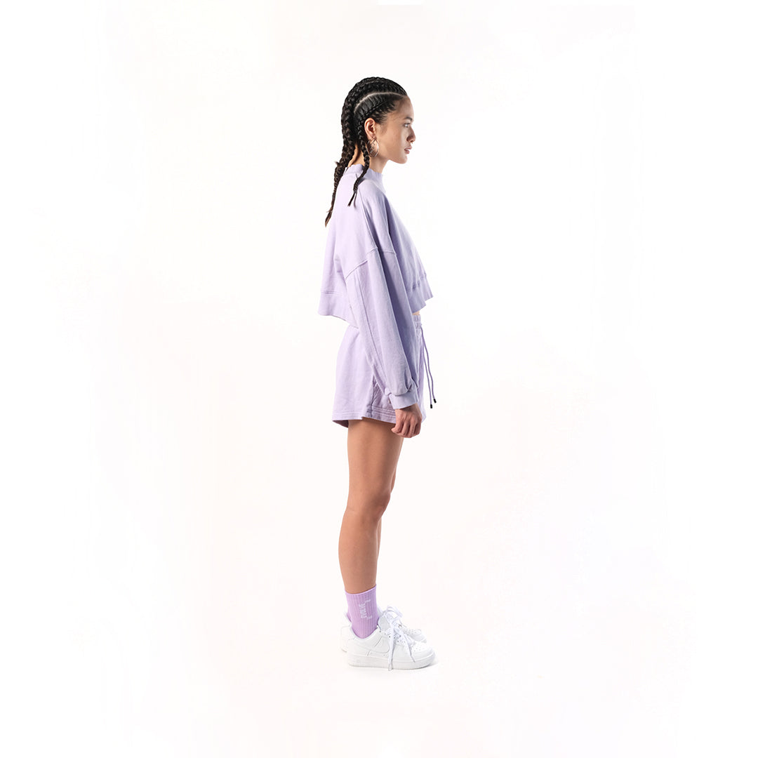 Crop Sweater in Soft Lilac or Digital Lavender. Cotton Baby Terry. Acid stonewashed. Relaxed fit.