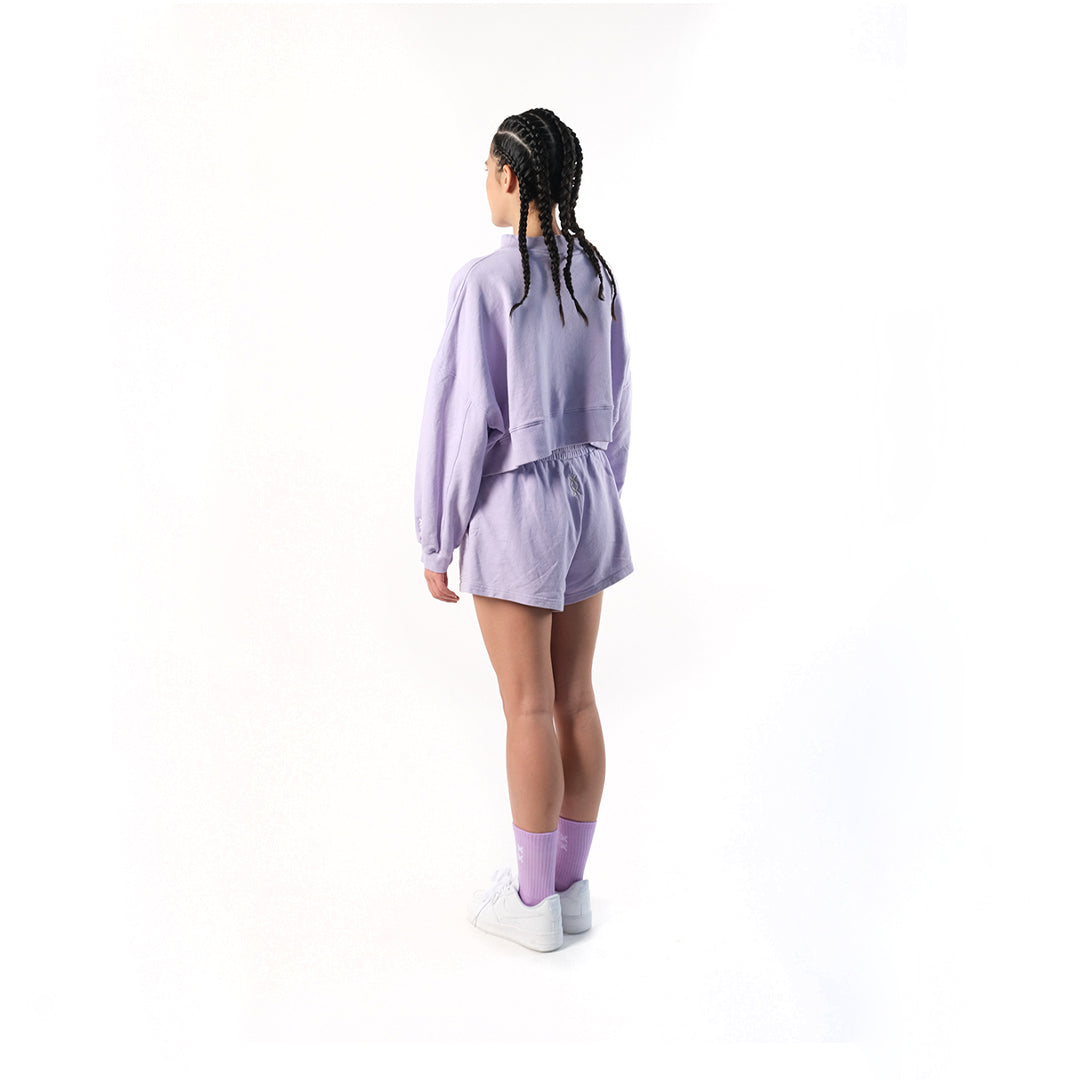 Crop Sweater in Soft Lilac or Digital Lavender. Cotton Baby Terry. Acid stonewashed. Relaxed fit.