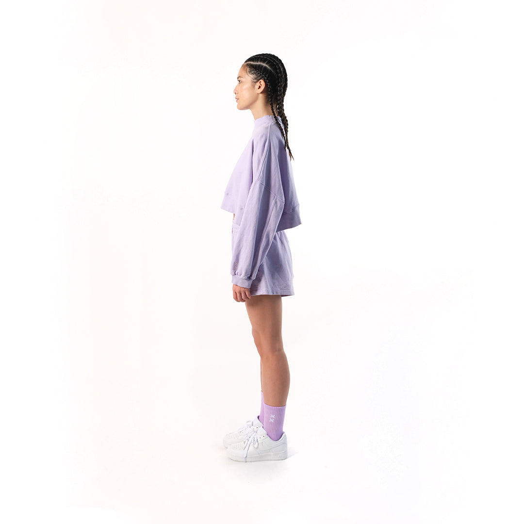 Crop Sweater in Soft Lilac or Digital Lavender. Cotton Baby Terry. Acid stonewashed. Relaxed fit.