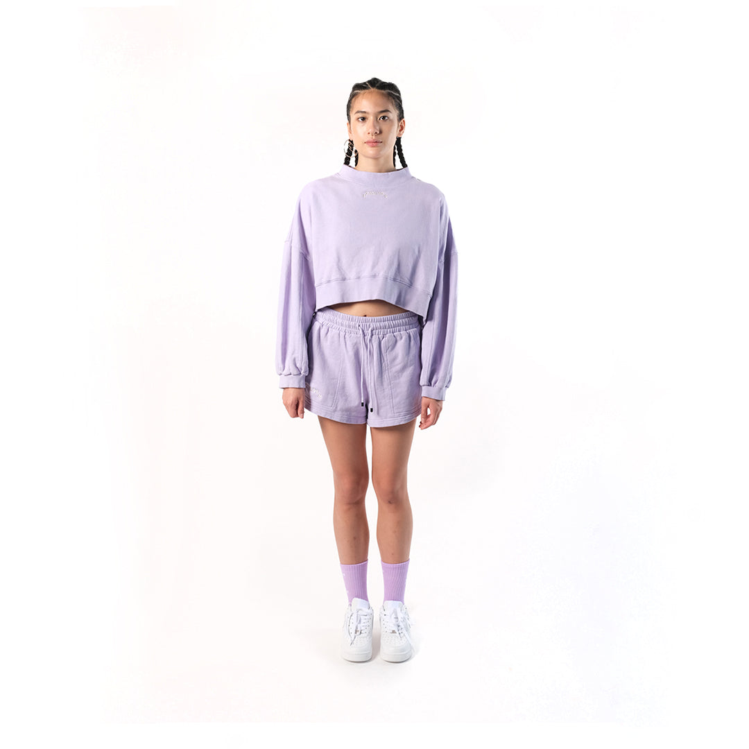 Crop Sweater in Soft Lilac or Digital Lavender. Cotton Baby Terry. Acid stonewashed. Relaxed fit.