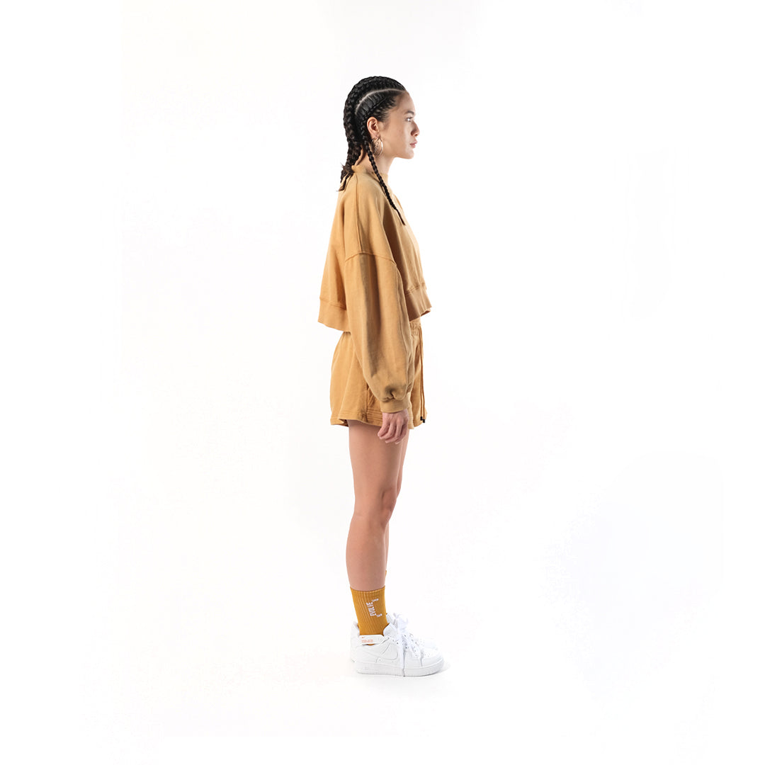 Crop Sweater in Mustard. Cotton Baby Terry. Acid stonewashed. Relaxed fit.