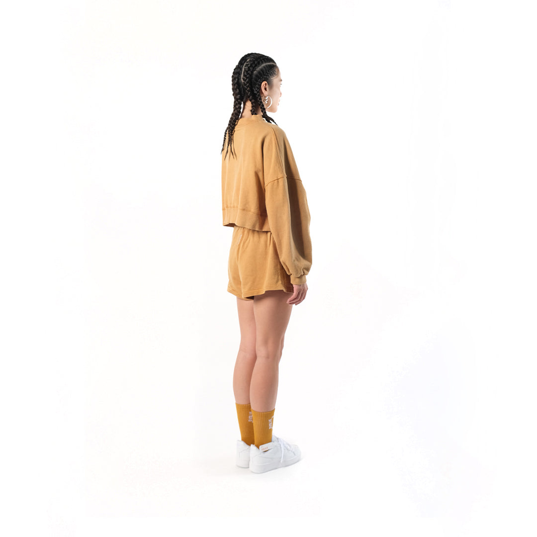 Crop Sweater in Mustard. Cotton Baby Terry. Acid stonewashed. Relaxed fit.