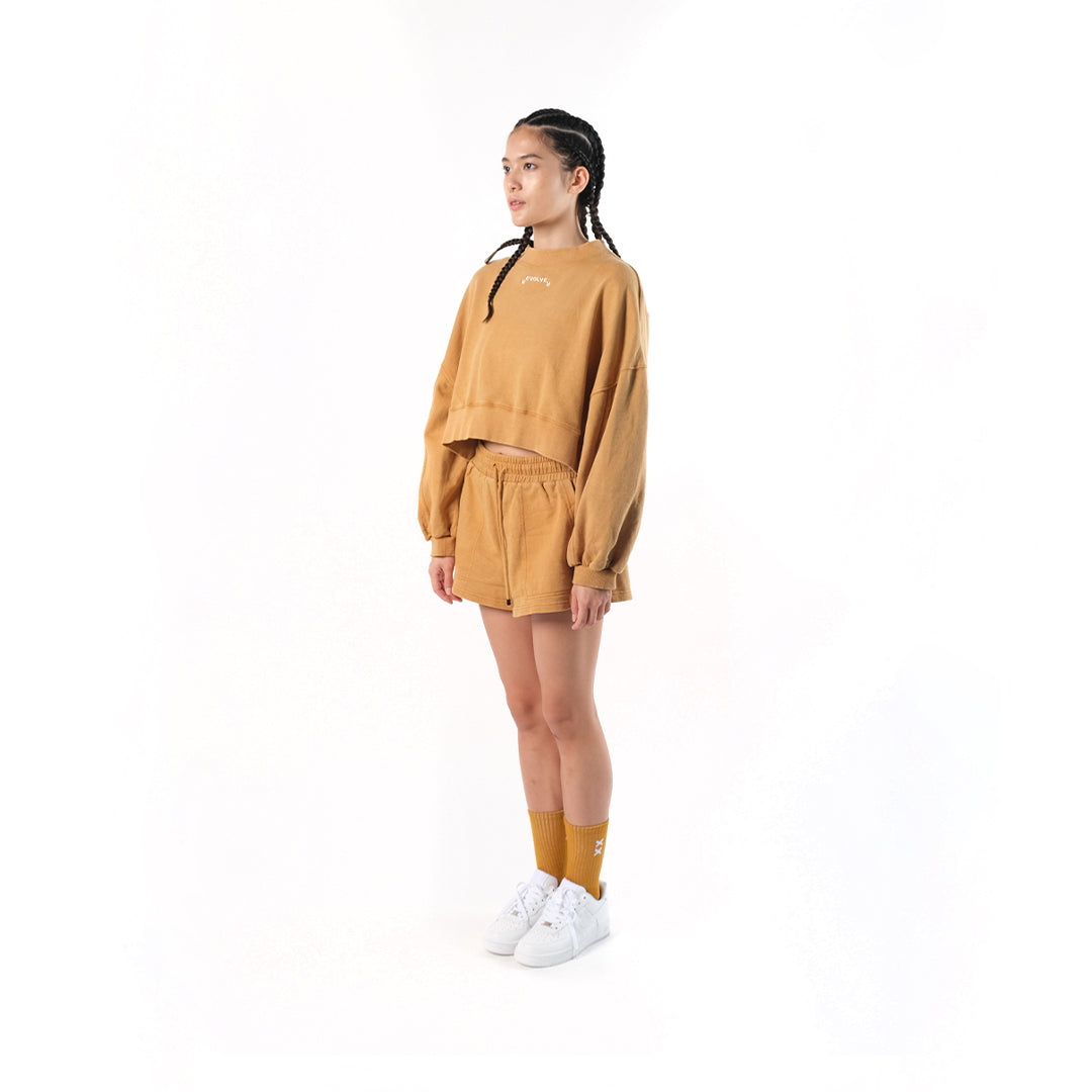 Crop Sweater in Mustard. Cotton Baby Terry. Acid stonewashed. Relaxed fit.