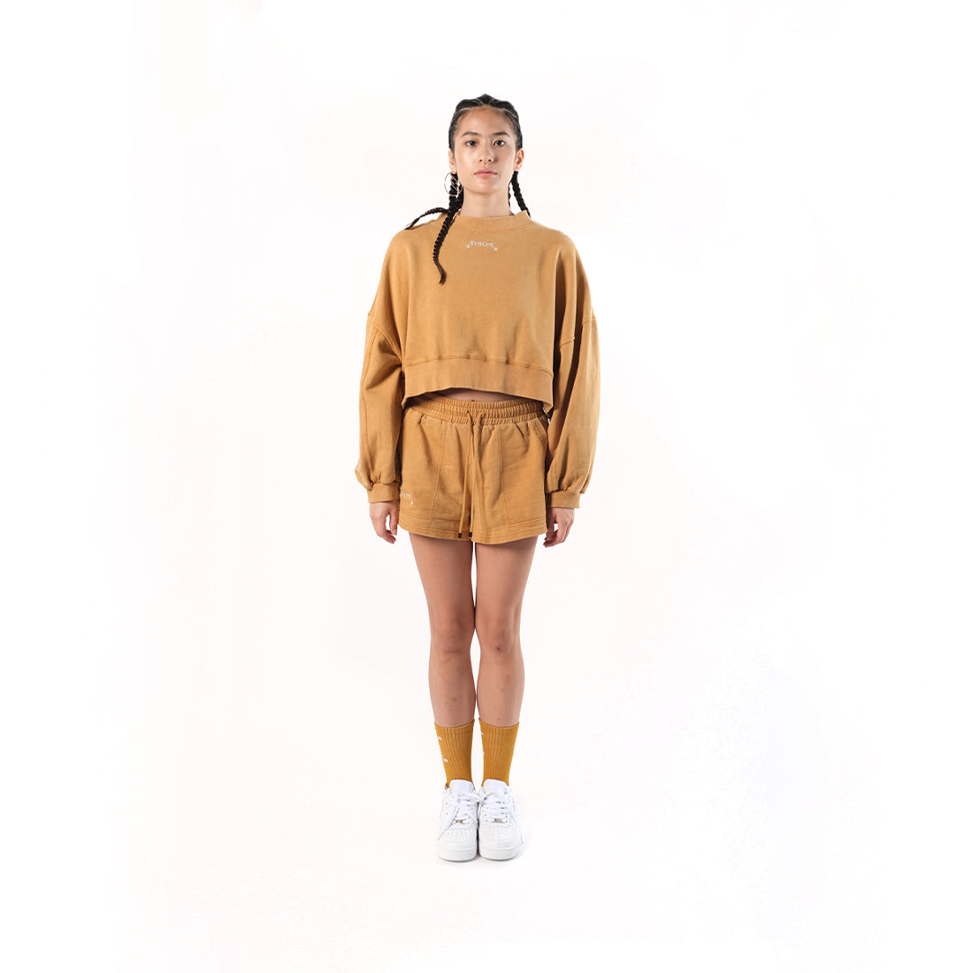 Crop Sweater in Mustard. Cotton Baby Terry. Acid stonewashed. Relaxed fit.